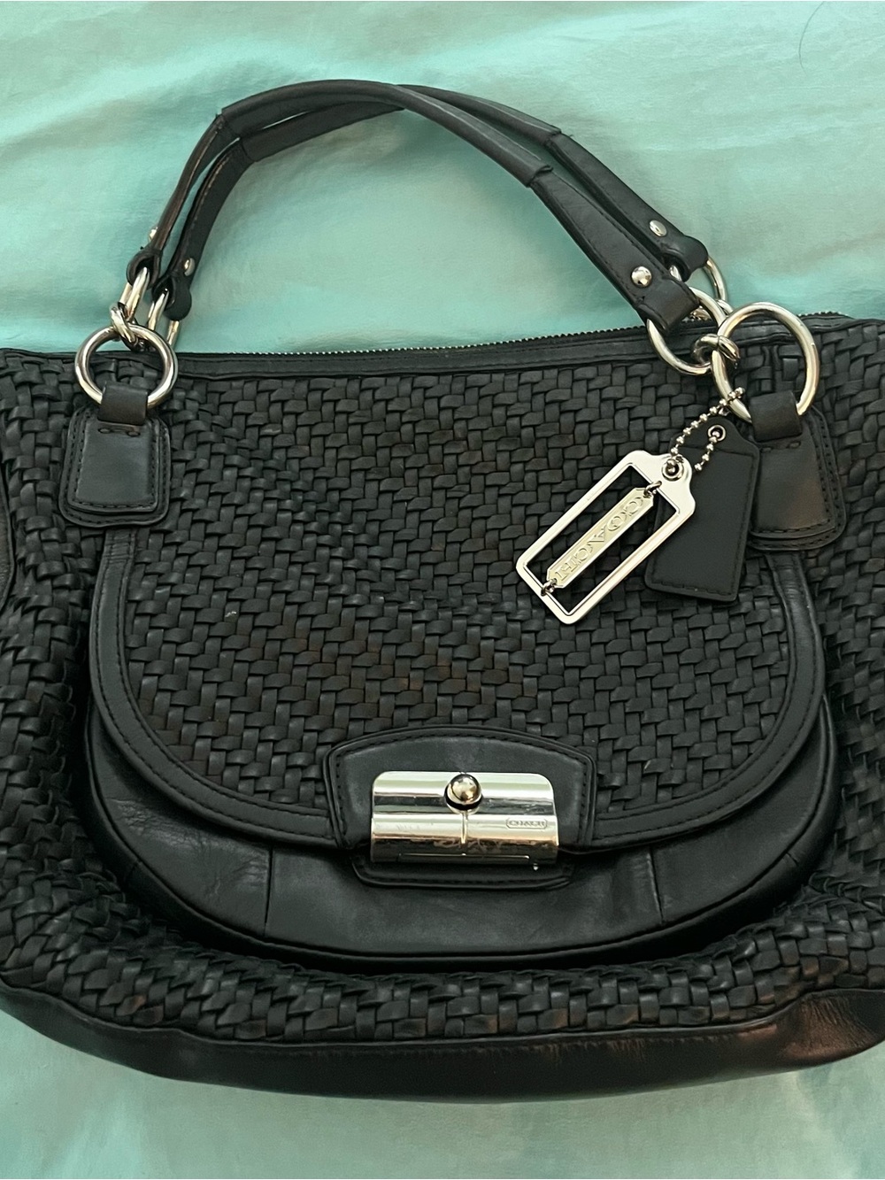 Coach Navy Woven Leather Crossbody Bag with Silver Hardware